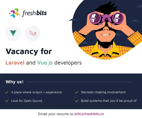 Freshbits recruitment poster announcing vacancies for Laravel and Vue.js developers with company benefits and contact email.