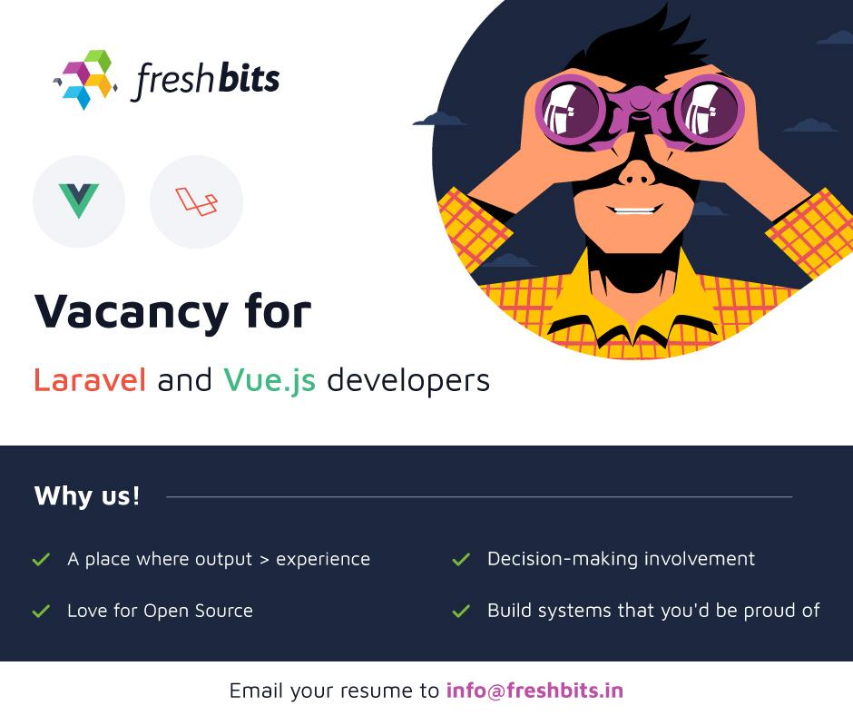 Freshbits recruitment poster announcing vacancies for Laravel and Vue.js developers with company benefits and contact email.