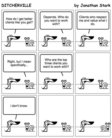 Ditcherville comic strip: a snail asking a dog for better clients cannot name who specifically it wants to work with.