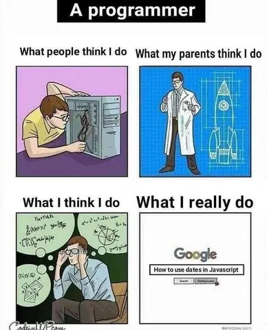 Four-panel meme contrasting perceptions of a programmer's job with the reality of searching Google for coding help.