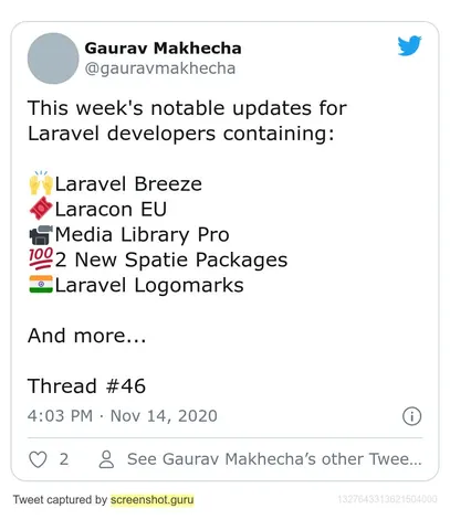 Screenshot of a tweet by Gaurav Makhecha listing this week's notable Laravel updates in thread #46.