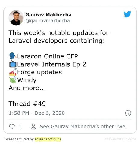 Screenshot of Gaurav Makhecha's tweet listing this week's notable Laravel developer updates, thread #49.