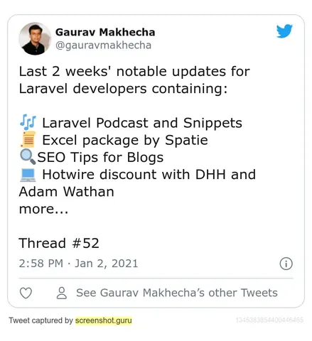 Tweet from Gaurav Makhecha listing notable Laravel developer updates including a Spatie Excel package and Hotwire discount.