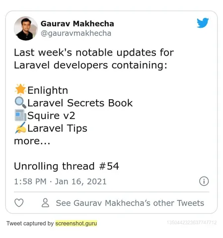 Screenshot of a tweet listing last week's notable updates for Laravel developers, including Enlightn and Squire v2.