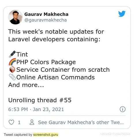 Tweet from Gaurav Makhecha listing this week's notable updates for Laravel developers, thread unroll #55.