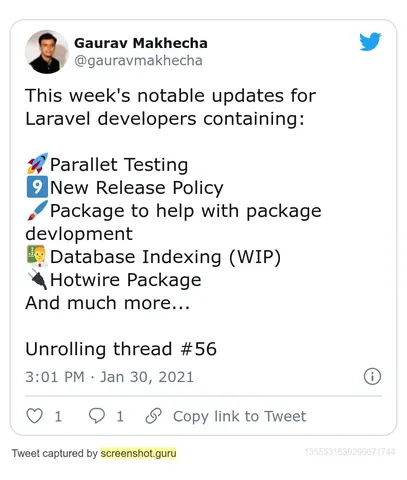 Tweet by Gaurav Makhecha listing this week's notable updates for Laravel developers, unrolled as thread #56.
