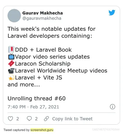 Screenshot of a tweet listing this week's notable updates for Laravel developers, thread #60.
