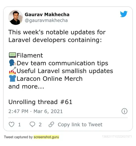Screenshot of a tweet by Gaurav Makhecha listing this week's notable updates for Laravel developers, thread #61.