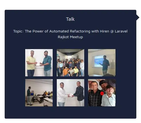 Collage titled Talk: photos from a Laravel Rajkot Meetup session on automated refactoring with Hiren.