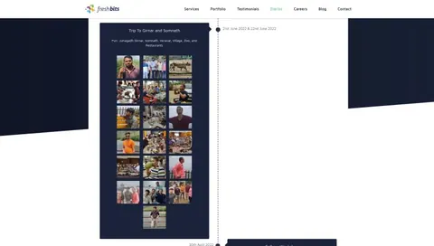 Screenshot of the Freshbits diaries page showing a photo collage from a trip to Girnar and Somnath.