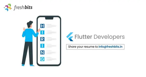 Freshbits recruitment poster seeking Flutter developers, with an illustrated man tapping a giant phone spelling HIRING.