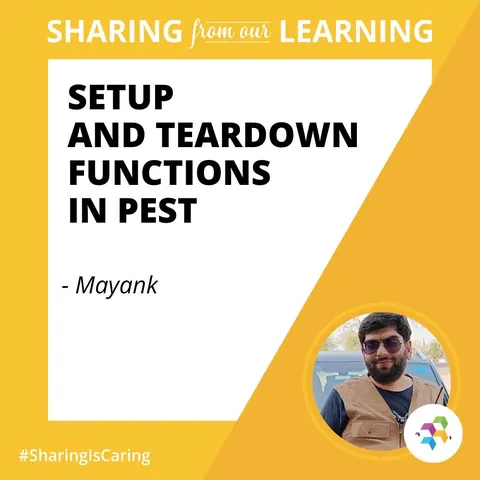 Yellow poster titled Setup and Teardown Functions in Pest with a circular photo of a man in sunglasses and a tan vest.