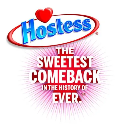 Hostess logo with a red heart above the slogan The sweetest comeback in the history of ever on a red starburst.