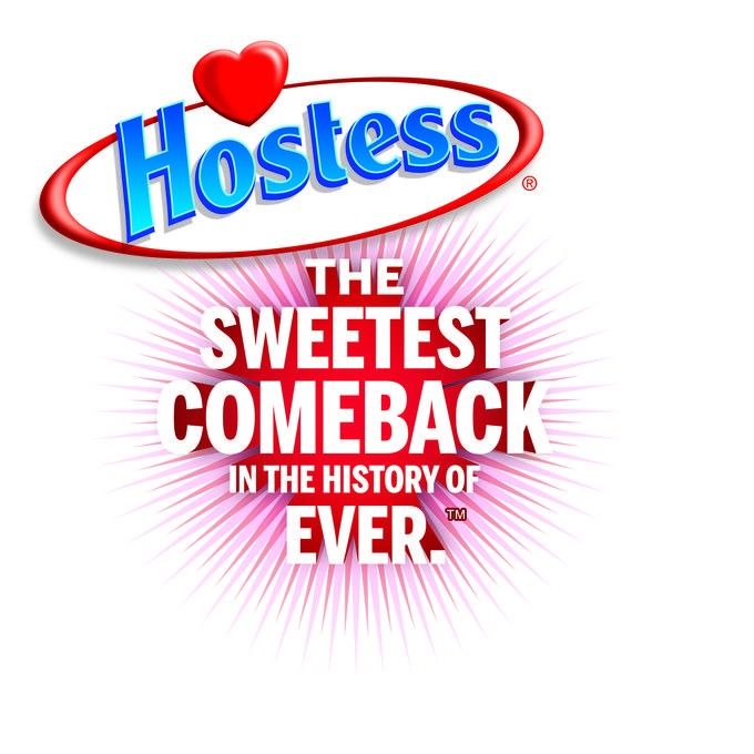 Hostess logo with a red heart above the slogan The sweetest comeback in the history of ever on a red starburst.