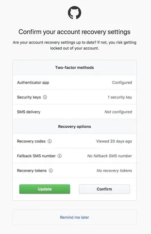 GitHub prompt to confirm account recovery settings, listing two-factor methods and recovery options with their status.