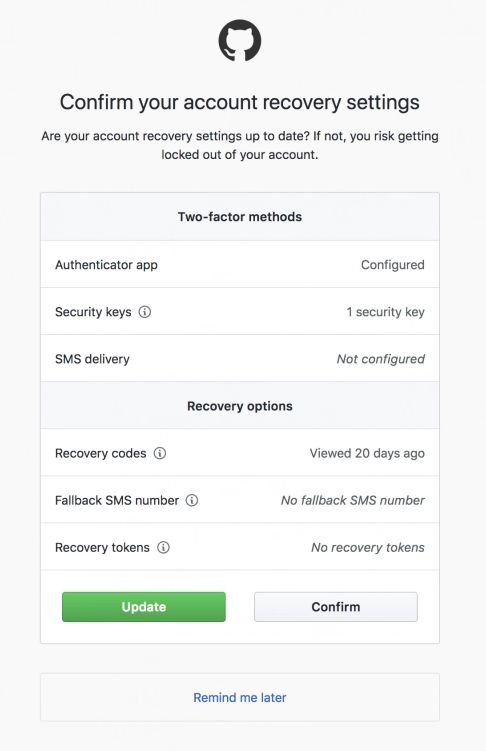 GitHub prompt to confirm account recovery settings, listing two-factor methods and recovery options with their status.