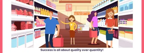 Shoppers browse fully stocked supermarket shelves above the words 'Success is all about quality over quantity!'