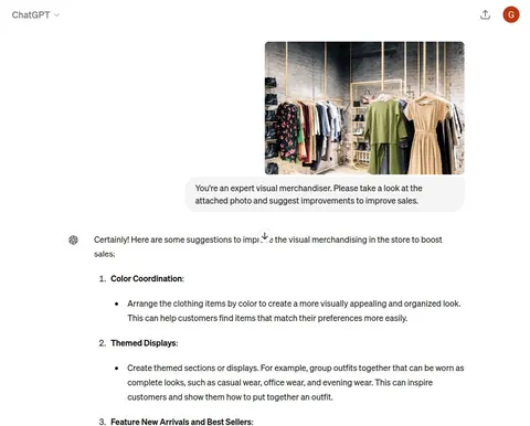 ChatGPT suggesting color coordination and themed displays to improve a clothing store's visual merchandising.