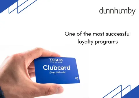 A hand holds a blue Tesco Clubcard beneath the dunnhumby logo and text about a successful loyalty program.