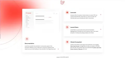 Laravel default welcome page after installation, showing Laracasts, Laravel News, Documentation and Vibrant Ecosystem cards.