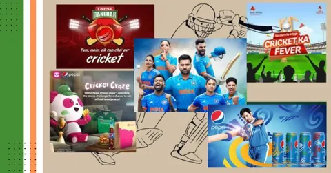 Collage of cricket-themed ads with Indian players in blue INDIA jerseys, Pepsi promotions and a Cricket Ka Fever banner.
