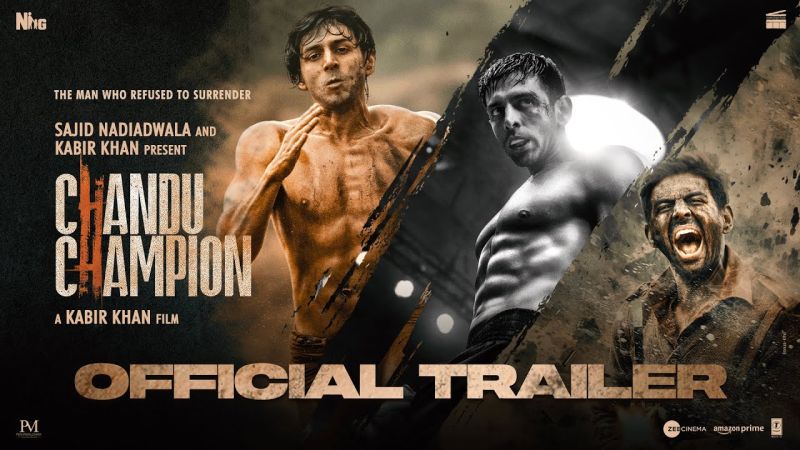 Chandu Champion trailer poster showing a man as a wrestler, boxer and soldier; tagline: refusing to surrender.