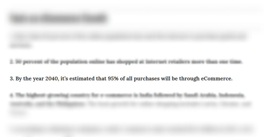 Article excerpt stating 95% of all purchases are estimated to be through eCommerce by 2040, with other stats blurred.