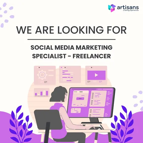 Artisans poster seeking a freelance social media marketing specialist, with an illustration of a woman at a computer.