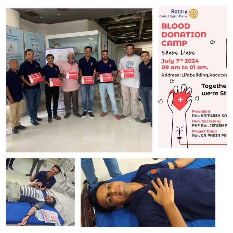 Collage of a blood donation camp: donors on beds, a group with certificates, and a Rotary event poster.