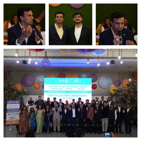 Collage of a man speaking into a microphone, two men posing, and a group on stage at a Rotary installation ceremony.