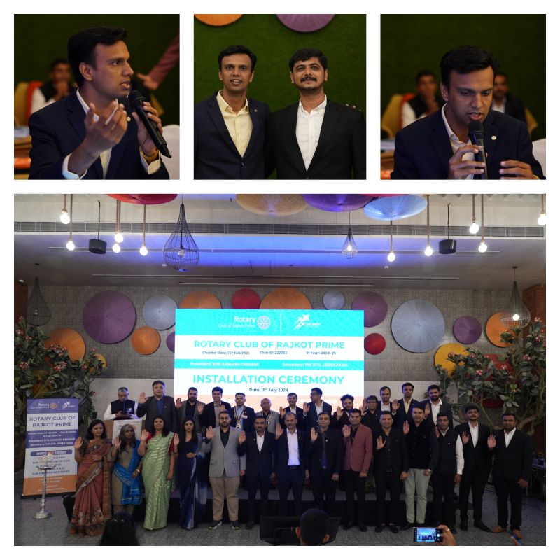 Collage of a man speaking into a microphone, two men posing, and a group on stage at a Rotary installation ceremony.