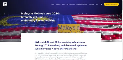 VATCalc article announcing Malaysia's MyInvois mandatory live e-invoicing soft launch starting August 2024