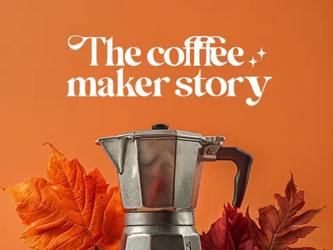 Silver moka pot surrounded by autumn leaves on an orange background, titled The coffee maker story.