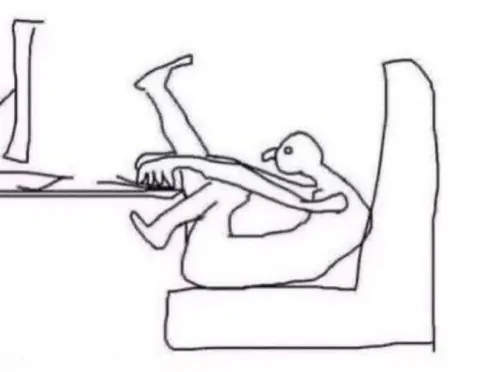Line drawing of a figure slumped in a contorted, hunched posture at a desk with a computer monitor.