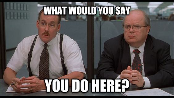 Two men in suits sitting at an office desk with the meme text 'What would you say you do here?'