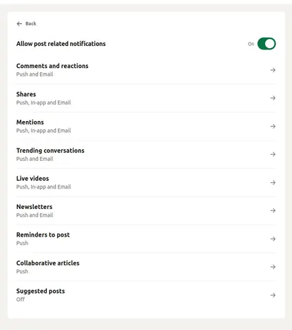 LinkedIn settings page with post related notifications switched on and a list of notification categories.