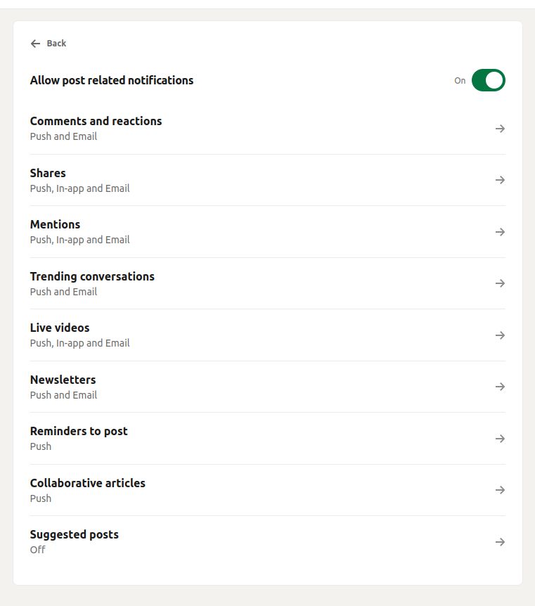 LinkedIn settings page with post related notifications switched on and a list of notification categories.