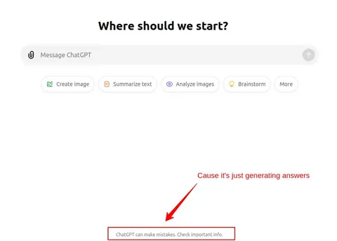 ChatGPT welcome screen with an arrow pointing to its disclaimer: ChatGPT can make mistakes. Check important info.