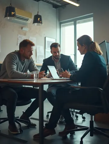 Two men and a woman seated at a table in an office discuss notes over a tablet during a meeting.