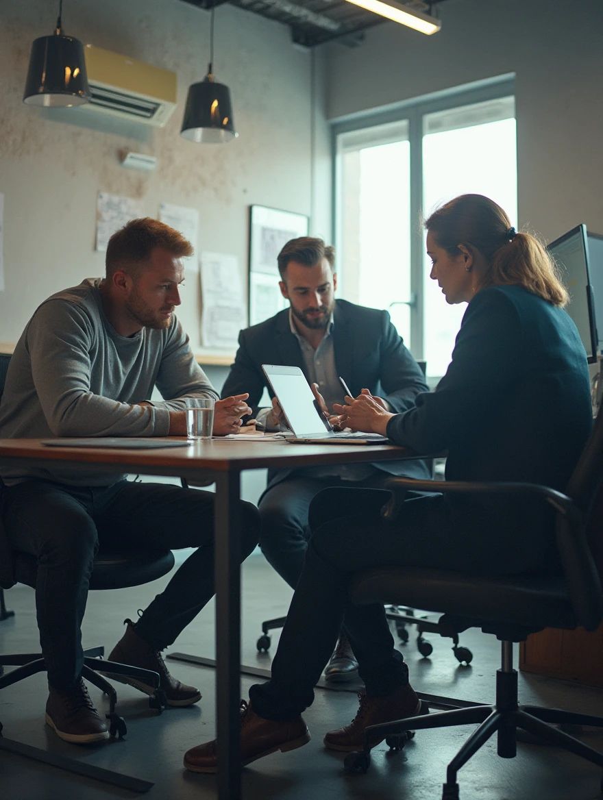 Two men and a woman seated at a table in an office discuss notes over a tablet during a meeting.