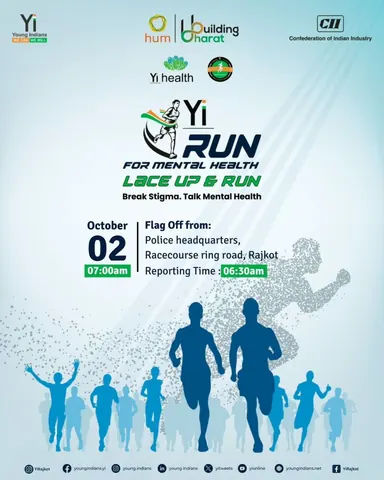 Poster for Yi Run for Mental Health on 2 October in Rajkot, flag-off 7 am from police headquarters, Racecourse Ring Road.