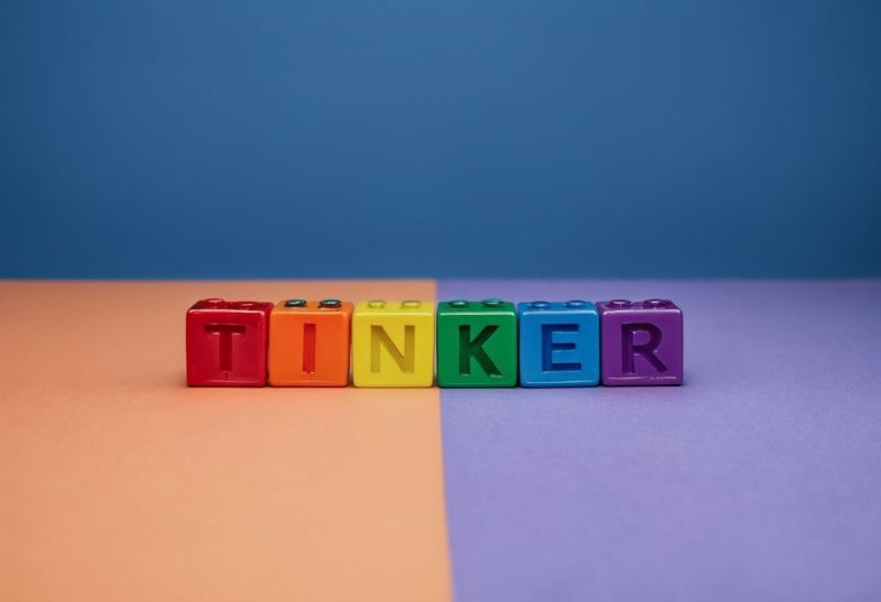 Colourful letter blocks spelling TINKER on a peach and purple surface against a blue background.
