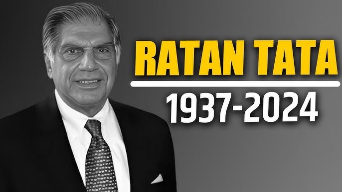 Black-and-white portrait of Ratan Tata in a suit beside bold yellow lettering reading RATAN TATA 1937-2024.
