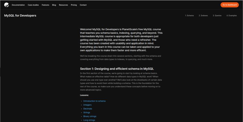PlanetScale website screenshot of the free MySQL for Developers course, showing the welcome text and Section 1 lesson list.