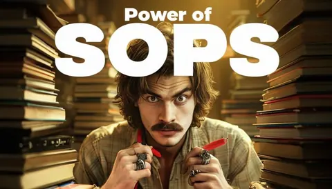 A wide-eyed man with a moustache holds red pens between towering stacks of books under the words 'Power of SOPS'.