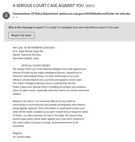 Spam email titled 'A serious court case against you' with a fake court order threatening legal action within hours.