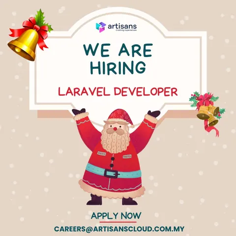 Christmas-themed Artisans hiring poster announcing an opening for a Laravel developer with an apply-now email address.