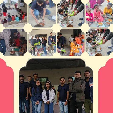 Collage of a team distributing food and snack packets to children outdoors, ending with a group photo of the team.