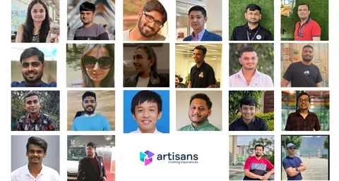 Grid collage of headshot portraits of about twenty people around the Artisans logo in a New Year 2025 post.