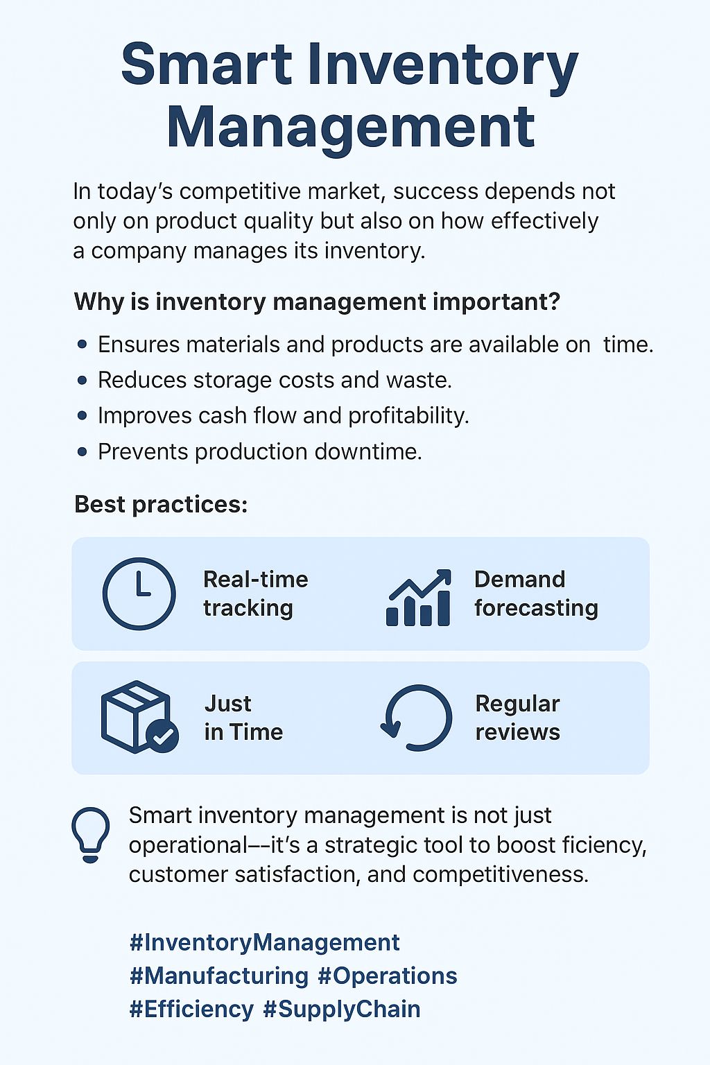 Infographic on smart inventory management: benefits and best practices like real-time tracking and demand forecasting.